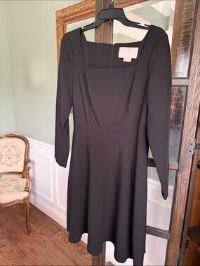 Gal Meets Glam Black Square-Neck Long Sleeve A-Line Dress Size 10